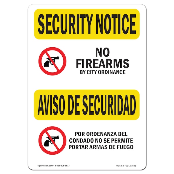 Safety Sign, OSHA SECURITY NOTICE, 18" Height, 24" Width, No Firearms By County Bilingual, Landscape